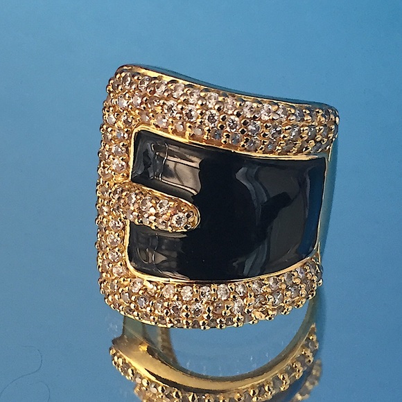 Black Enamel Cubic Zirconia Golden PJM Buckle Ring - Picture 4 of 7